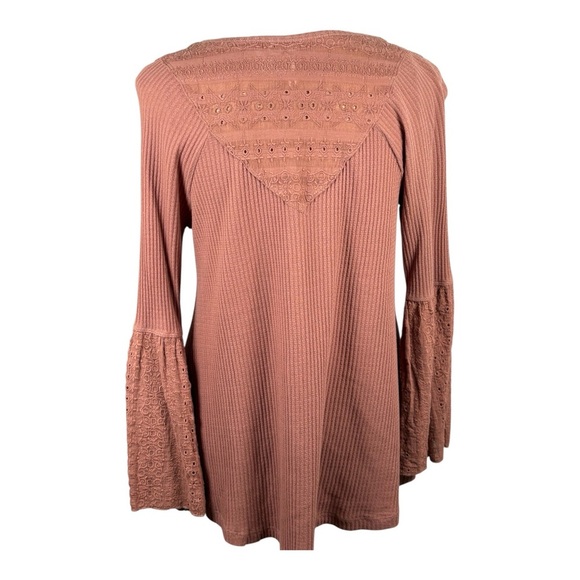 Free People Parisian Nights Pink Rose Bell Sleeve Ribbed V-Neck Shirt Size XS - Picture 3 of 9